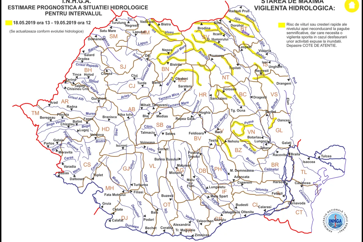 COD GALBEN-atenționare hidrologică. Sunt vizate bazinele hidrologice Trotuș, Bistrița și Bârlad
