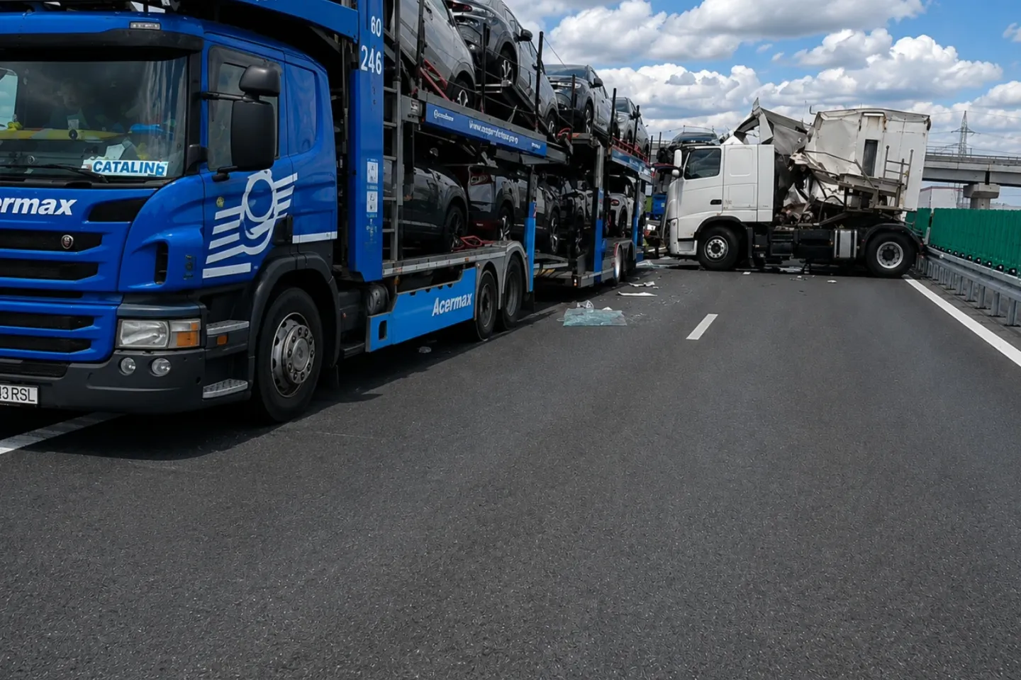 Accident pe drumul expres după o oprire de urgență. Un TIR a lovit două trailere încărcate cu mașini