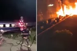 Accident feroviar grav în județul Bacău. Un camion a luat foc după ce a fost lovit de tren, clipe de panică pentru sute de pasageri - VIDEO