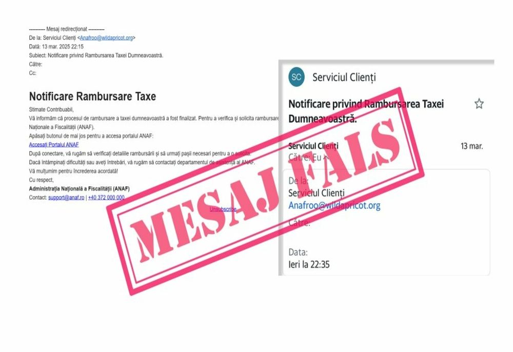 ANAF: SUNT TRIMISE E-MAILURI FALSE ÎN NUMELE INSTITUȚIEI